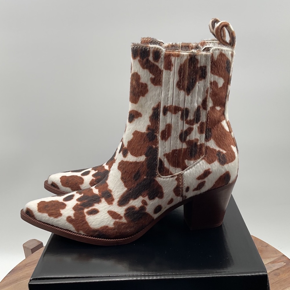 Dolce vita Cow Print Faux Calf Hair Western Ankle Boots Pointed Toe Block Heel 5